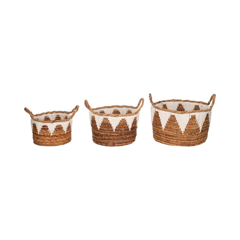Coastal Banana Leaf Woven Baskets, Set of Three, Natural Finish - 14 x 14 x 10