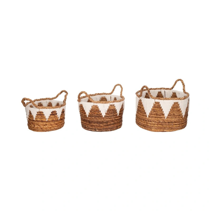 Coastal Banana Leaf Woven Baskets, Set of Three, Natural Finish - 14 x 14 x 10