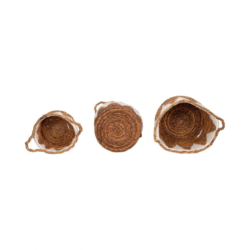 Coastal Banana Leaf Woven Baskets, Set of Three, Natural Finish - 14 x 14 x 10