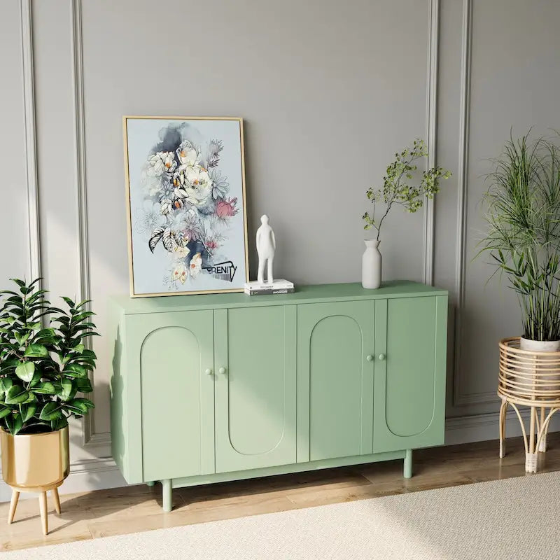 4-Door Storage Cabinet with Pine Legs and Intaglio Detail