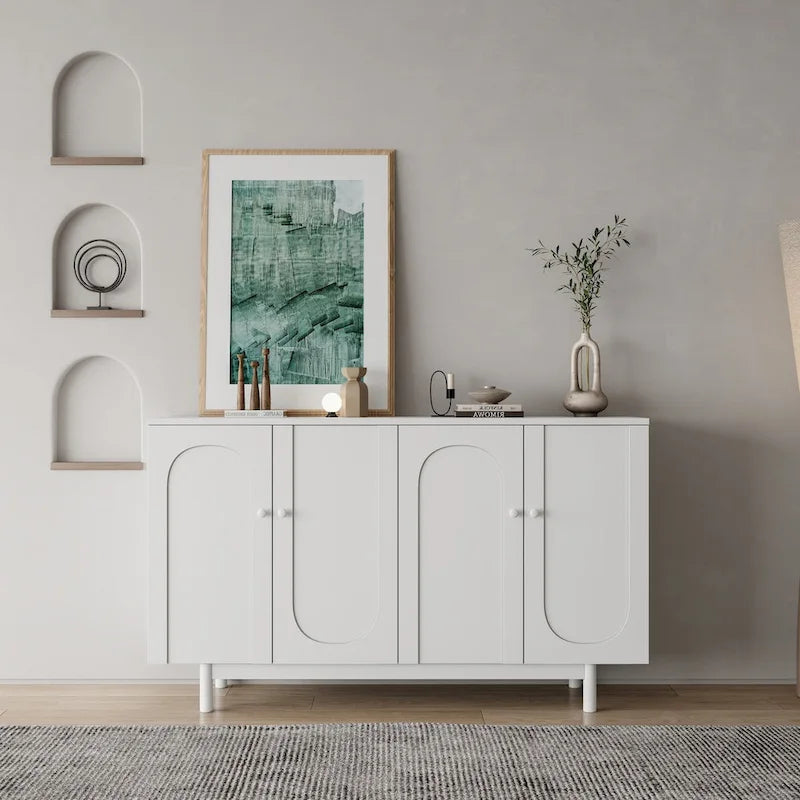 4-Door Storage Cabinet with Pine Legs and Intaglio Detail