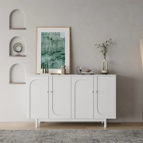 4-Door Storage Cabinet with Pine Legs and Intaglio Detail