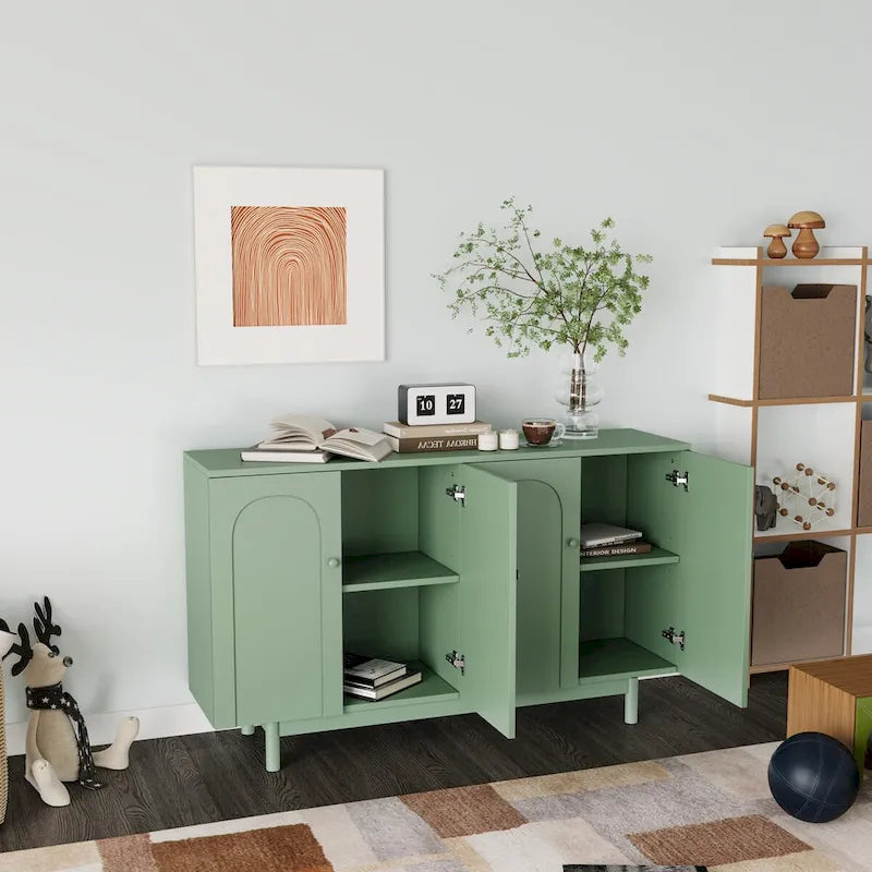 4-Door Storage Cabinet with Pine Legs and Intaglio Detail