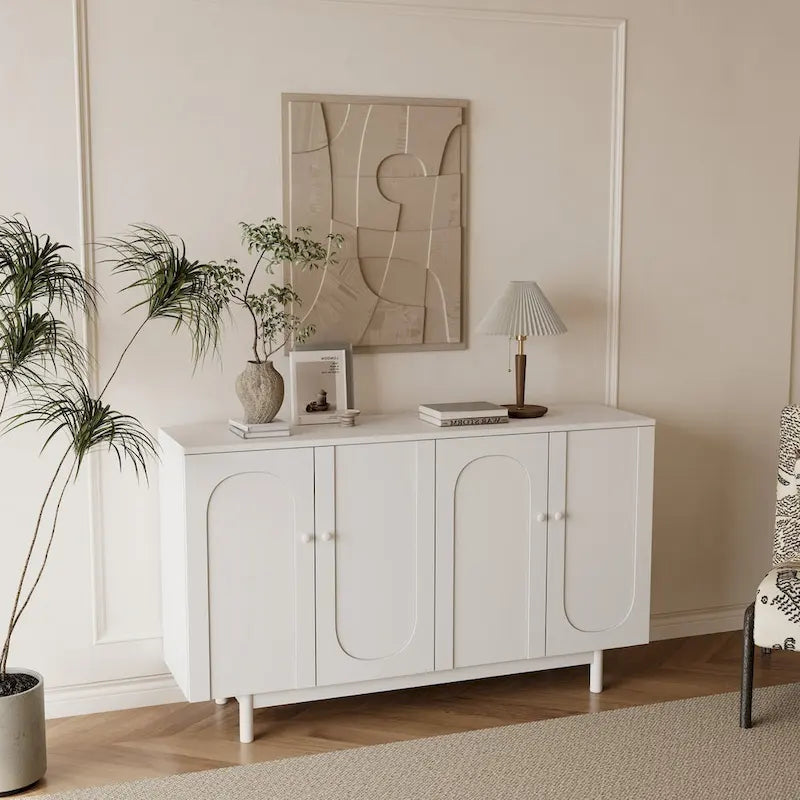 4-Door Storage Cabinet with Pine Legs and Intaglio Detail