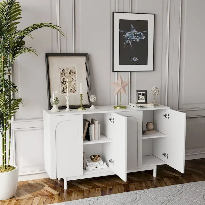 4-Door Storage Cabinet with Pine Legs and Intaglio Detail