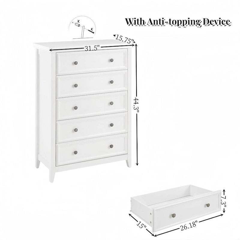 5-Drawer Dresser Cabinet with Metal Handles and Smooth Slide Rails – 31.5"W x 15.75"D x 44.3"H