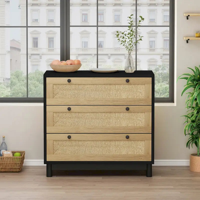 3-Drawer Storage Dresser with Rattan Woven Panels and Pine Legs - 31.5"W x 15.7"D x 47.2"H