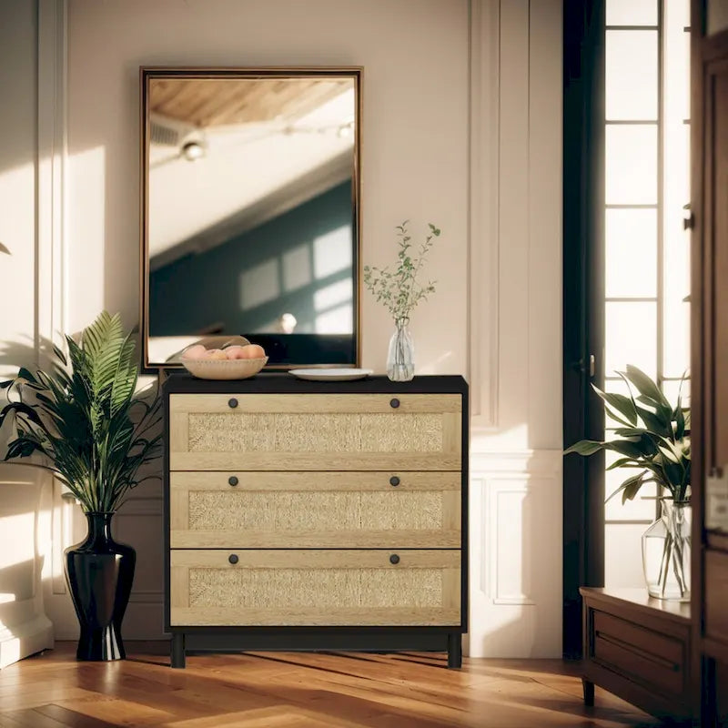 3-Drawer Storage Dresser with Rattan Woven Panels and Pine Legs - 31.5"W x 15.7"D x 47.2"H