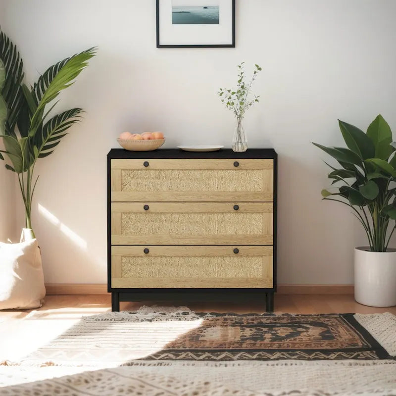 3-Drawer Storage Dresser with Rattan Woven Panels and Pine Legs - 31.5"W x 15.7"D x 47.2"H