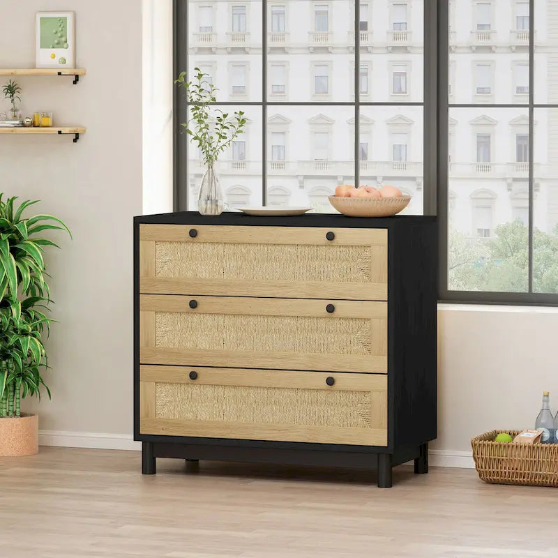 3-Drawer Storage Dresser with Rattan Woven Panels and Pine Legs - 31.5"W x 15.7"D x 47.2"H