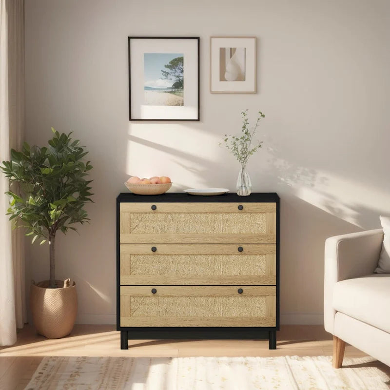 3-Drawer Storage Dresser with Rattan Woven Panels and Pine Legs - 31.5"W x 15.7"D x 47.2"H