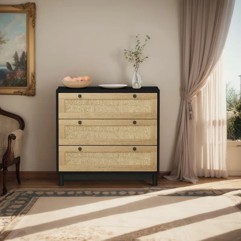 3-Drawer Storage Dresser with Rattan Woven Panels and Pine Legs - 31.5"W x 15.7"D x 47.2"H