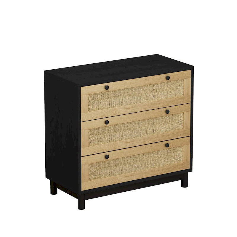 3-Drawer Storage Dresser with Rattan Woven Panels and Pine Legs - 31.5"W x 15.7"D x 47.2"H
