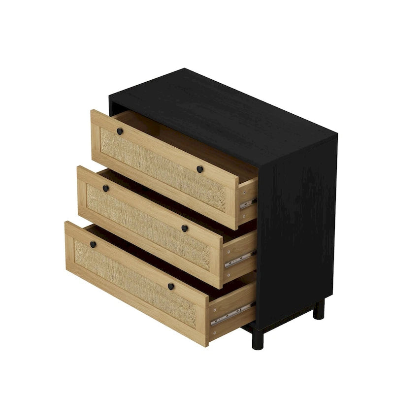 3-Drawer Storage Dresser with Rattan Woven Panels and Pine Legs - 31.5"W x 15.7"D x 47.2"H