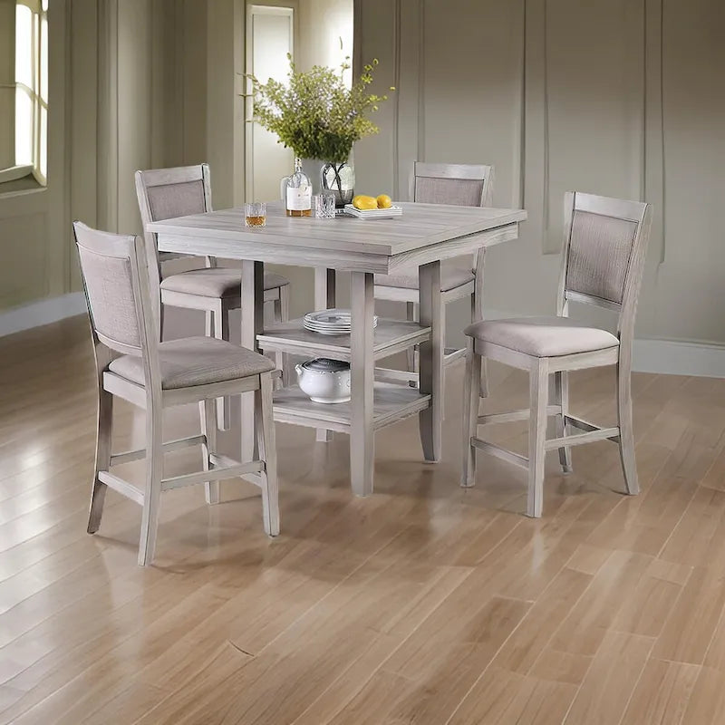 5 Piece Counter Height Dining Set, Table and 4 Chairs, Padded Seats, Gray