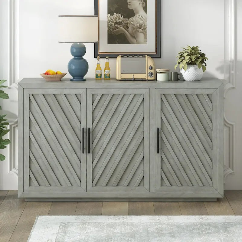 3-Door Sideboard with Adjustable Shelves and Black Handles