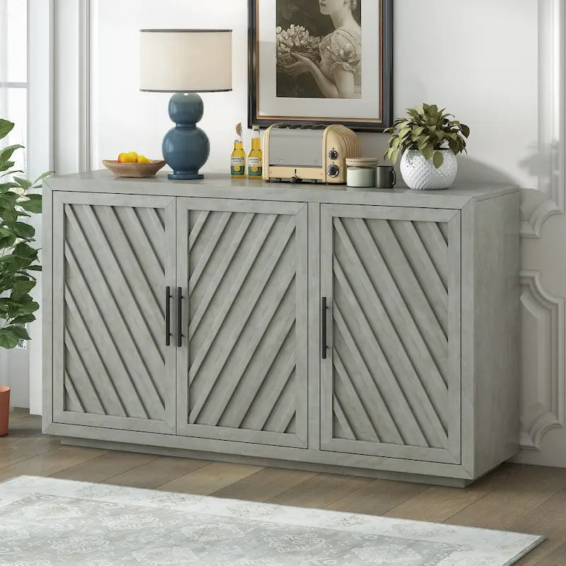 3-Door Sideboard with Adjustable Shelves and Black Handles
