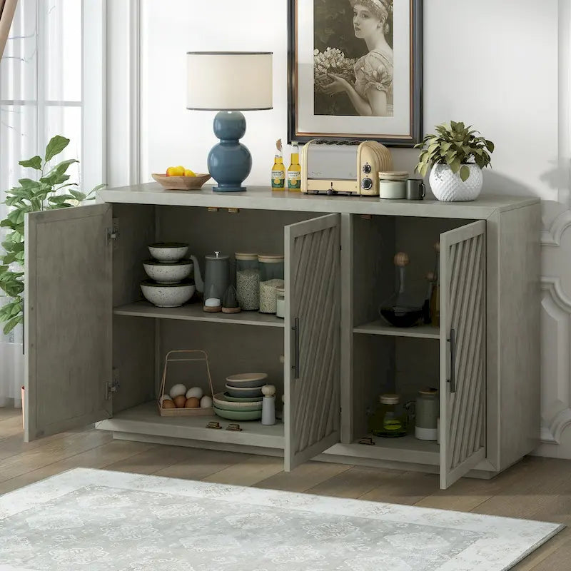 3-Door Sideboard with Adjustable Shelves and Black Handles