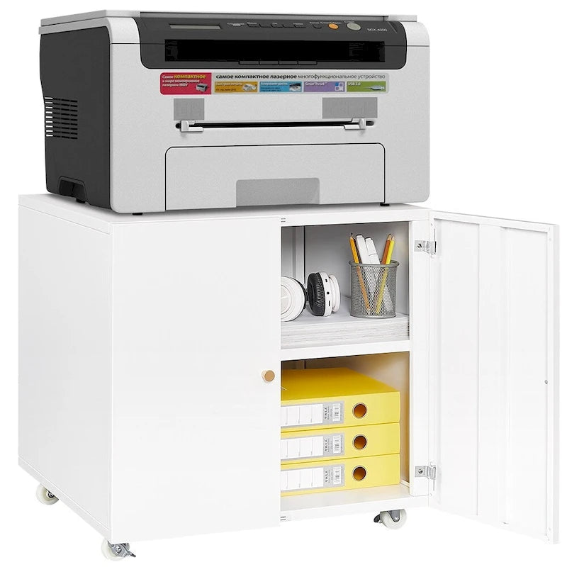 Metal Printer Stand with Storage Mobile Printer Tables for Small Spaces with Door Adjustable Shelf File Cabinet on Wheels