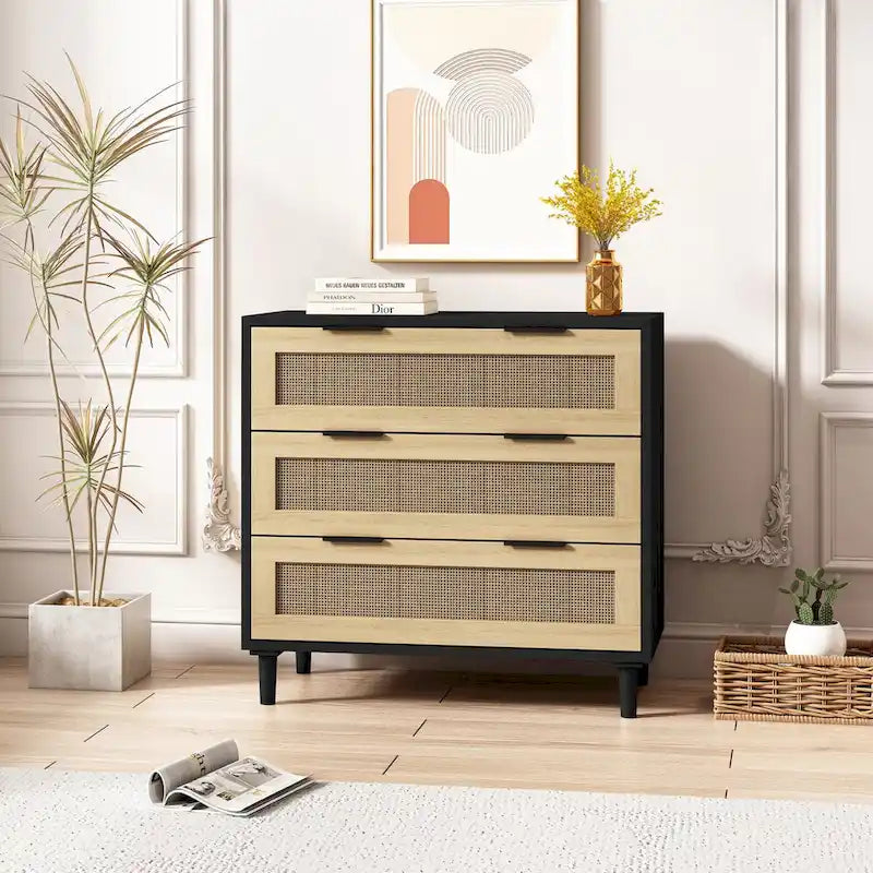 3-Drawer Rattan Storage Dresser with Real Wood Legs - 31.5"W x 15.7"D x 47.2"H