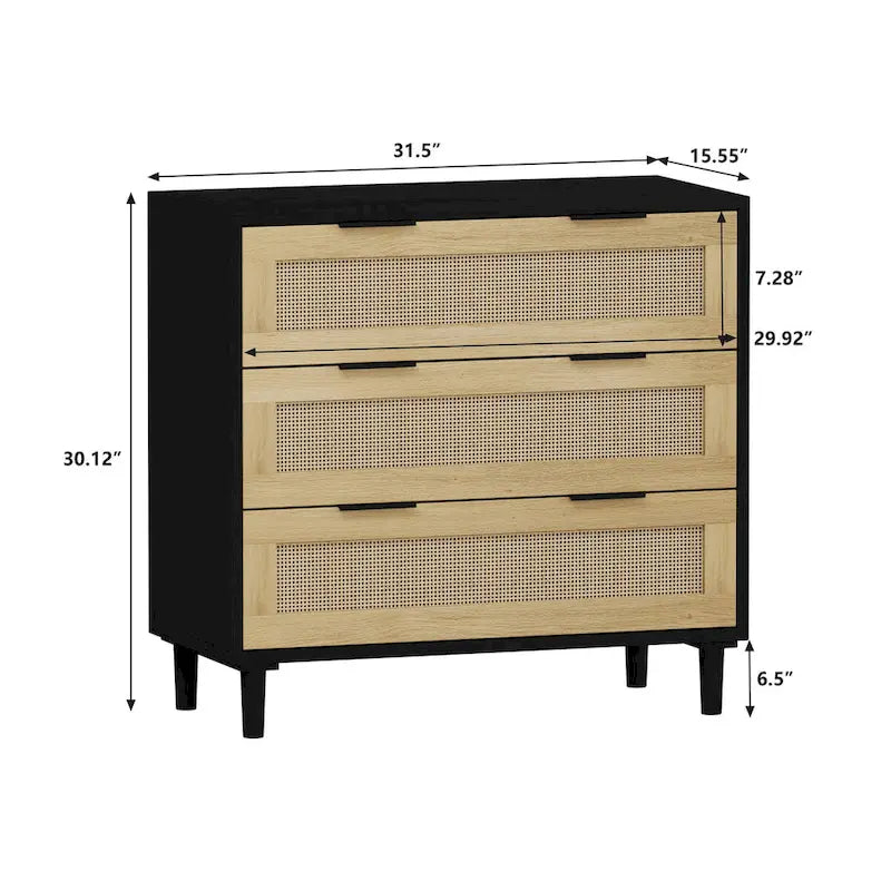 3-Drawer Rattan Storage Dresser with Real Wood Legs - 31.5"W x 15.7"D x 47.2"H