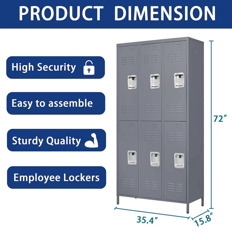 6 Door 72H Metal Lockers With Lock for Employees,Storage Locker Cabinet for Home Gym Office School Garage,Gray