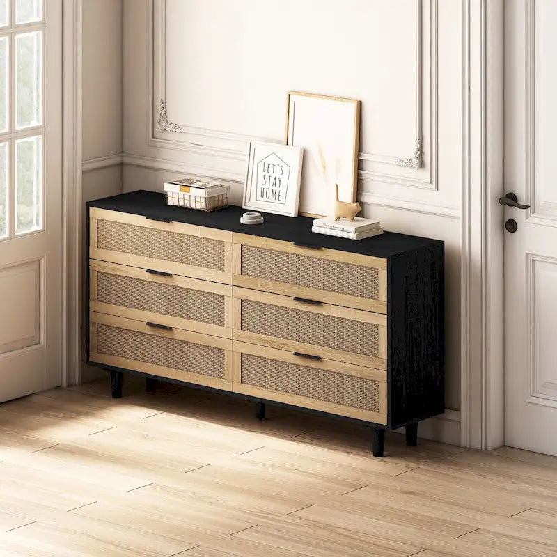 6-Drawer Rattan Storage Dresser - 59.06"L x 15.75"W x 29.53"H