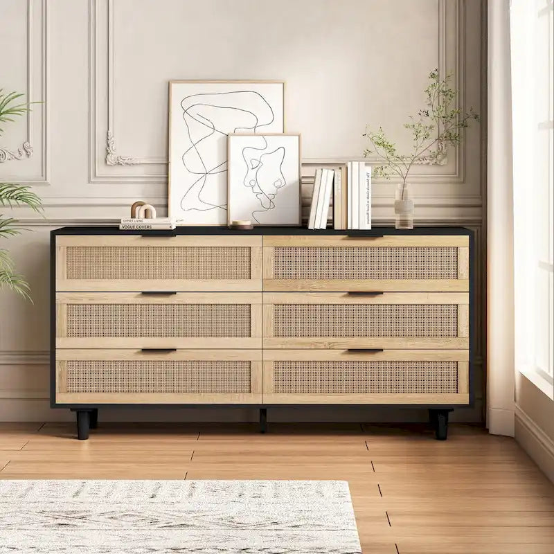 6-Drawer Rattan Storage Dresser - 59.06"L x 15.75"W x 29.53"H