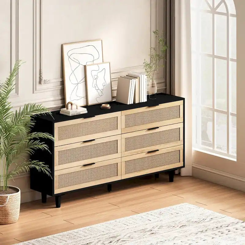 6-Drawer Rattan Storage Dresser - 59.06"L x 15.75"W x 29.53"H