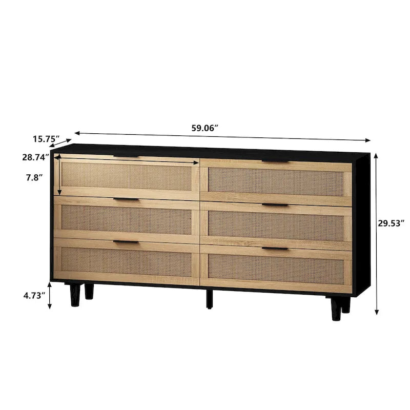 6-Drawer Rattan Storage Dresser - 59.06"L x 15.75"W x 29.53"H