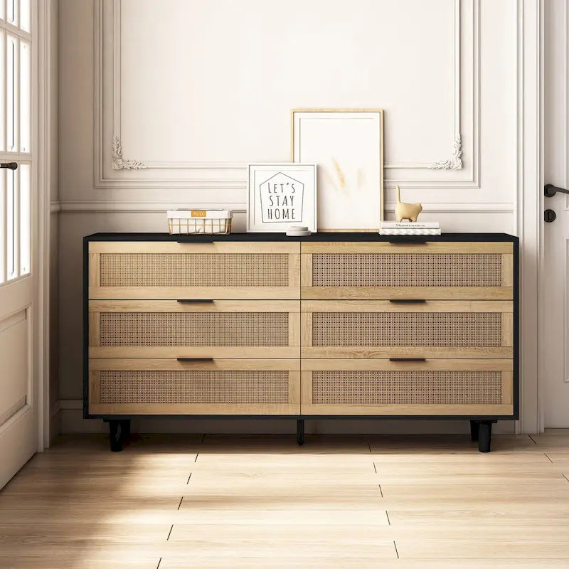 6-Drawer Rattan Storage Dresser - 59.06"L x 15.75"W x 29.53"H