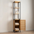 Natural Slim Storage Cabinet with Shelves, Modern Black Frame - 13.4L x 12W x 68H