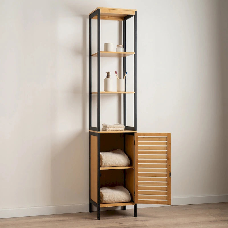 Natural Slim Storage Cabinet with Shelves, Modern Black Frame - 13.4L x 12W x 68H