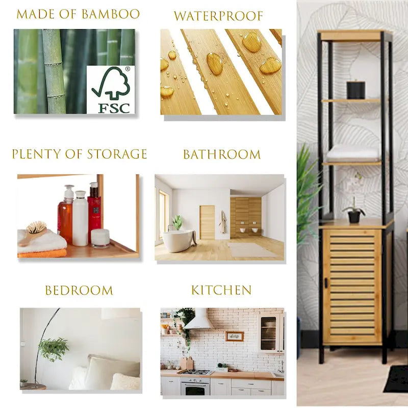 Natural Slim Storage Cabinet with Shelves, Modern Black Frame - 13.4L x 12W x 68H