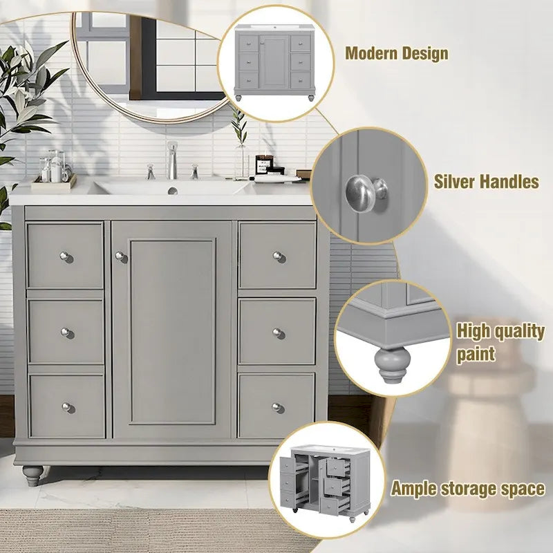 36 Inch Bathroom Vanity Cabinet with Resin Sink and Adjustable Shelves