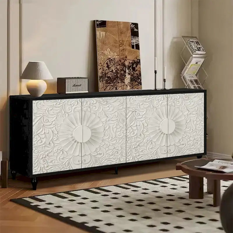 Black and White Sideboard with Carved Door Panels and Adjustable Shelves
