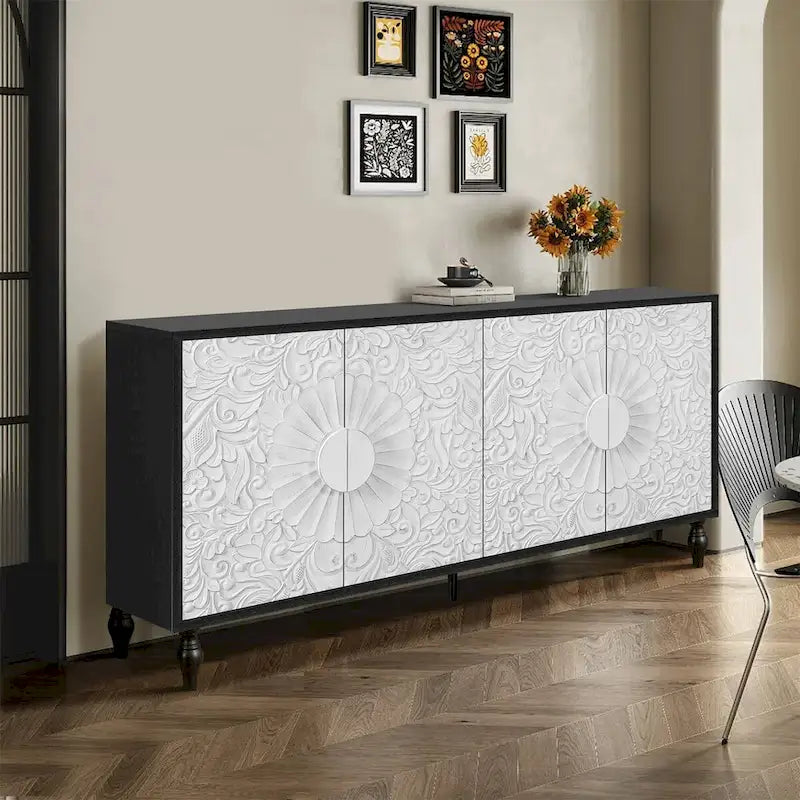 Black and White Sideboard with Carved Door Panels and Adjustable Shelves