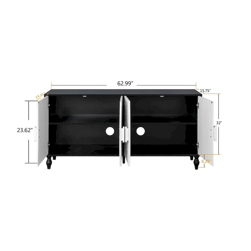 Black and White Sideboard with Carved Door Panels and Adjustable Shelves