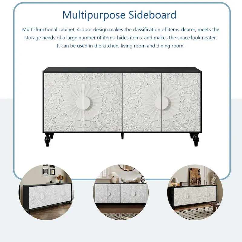 Black and White Sideboard with Carved Door Panels and Adjustable Shelves