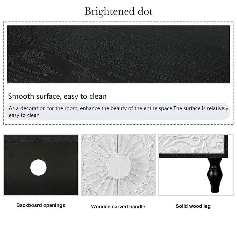 Black and White Sideboard with Carved Door Panels and Adjustable Shelves