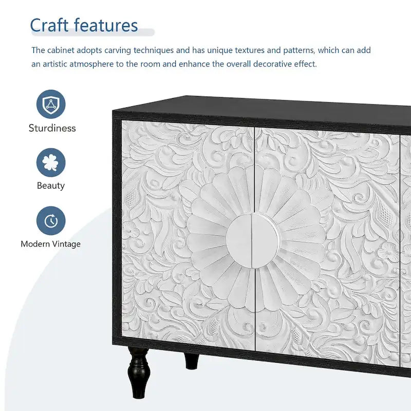 Black and White Sideboard with Carved Door Panels and Adjustable Shelves